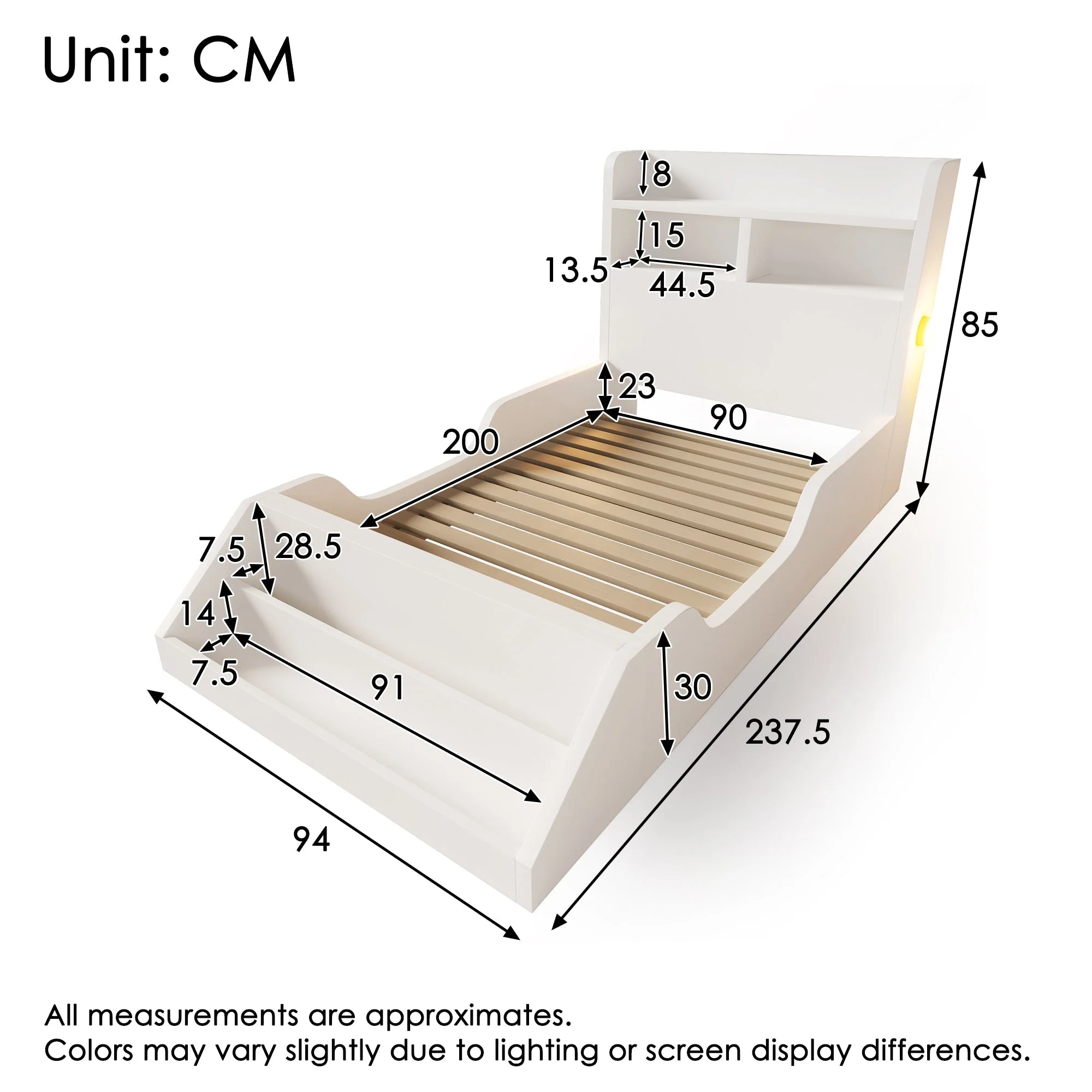 Wooden Single Bed with Shelves, Nightlights and Removable Bookshelf, White - Image 2