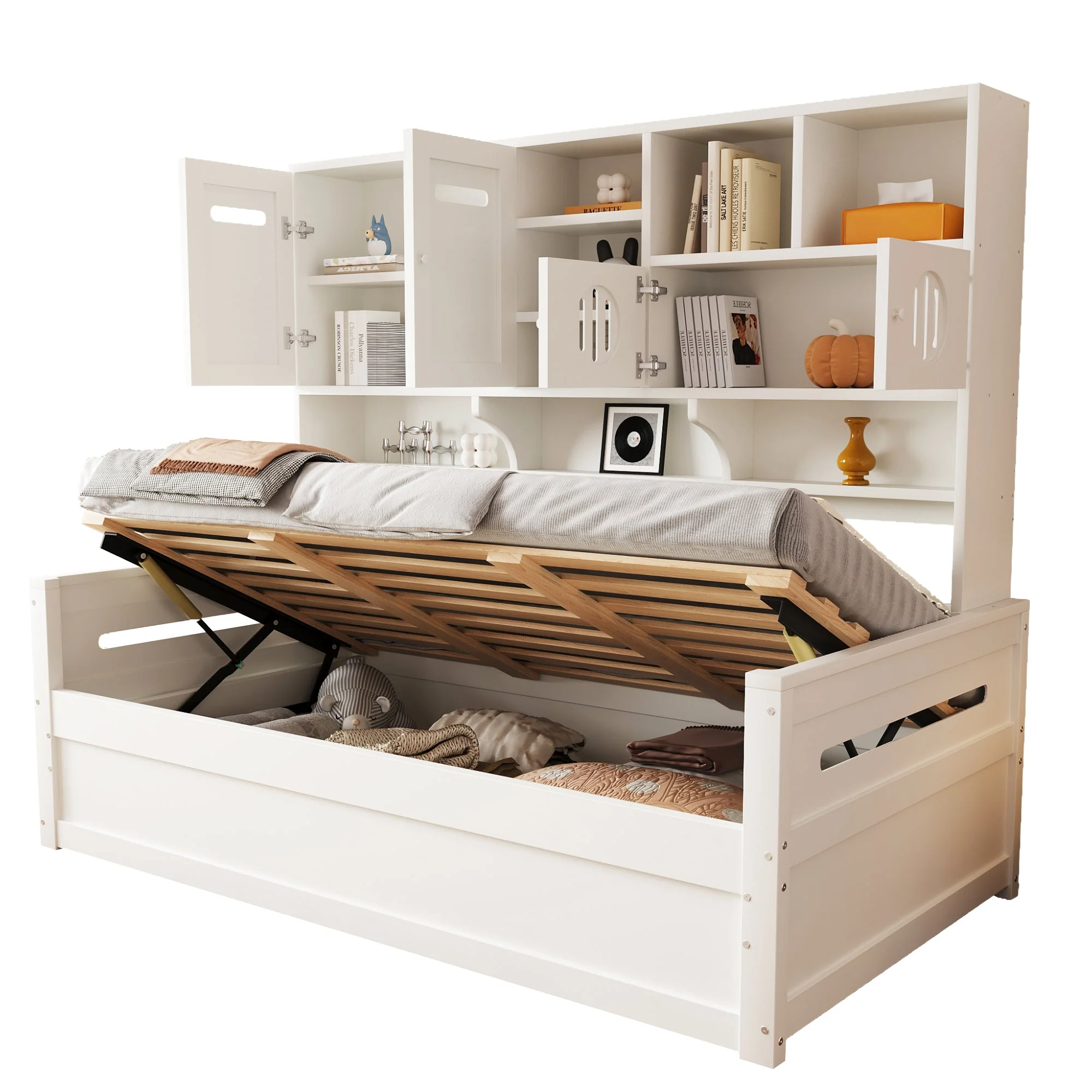 Wooden Sofa Bed, 90x200cm Multifunctional Storage Hydraulic, White - Image 5