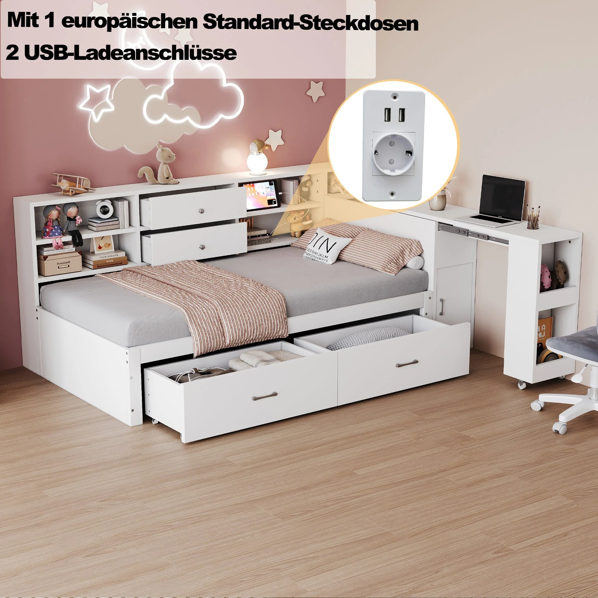 Wooden Sofa Bed 90x200cm Multifunctional Storage Pull-Out Desk, White - Image 6