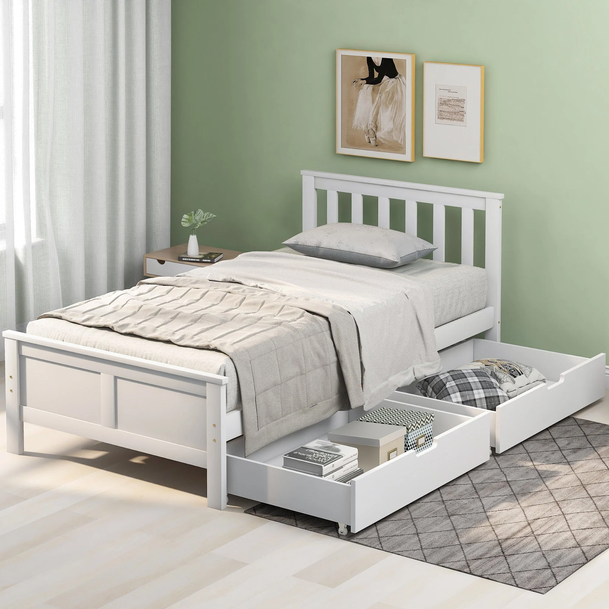 Solid White Pine Single Storage Bed with Integrated Drawers – 3ft (90 × 190 cm)