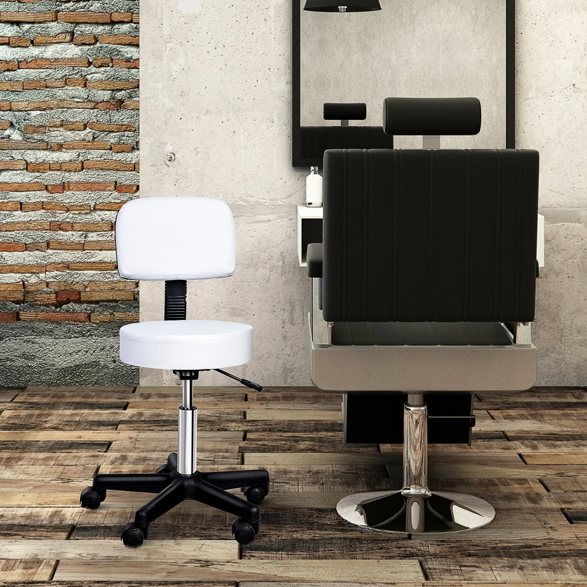 Work Stool, Rolling Swivel, Height Adjustable with Backrest, White