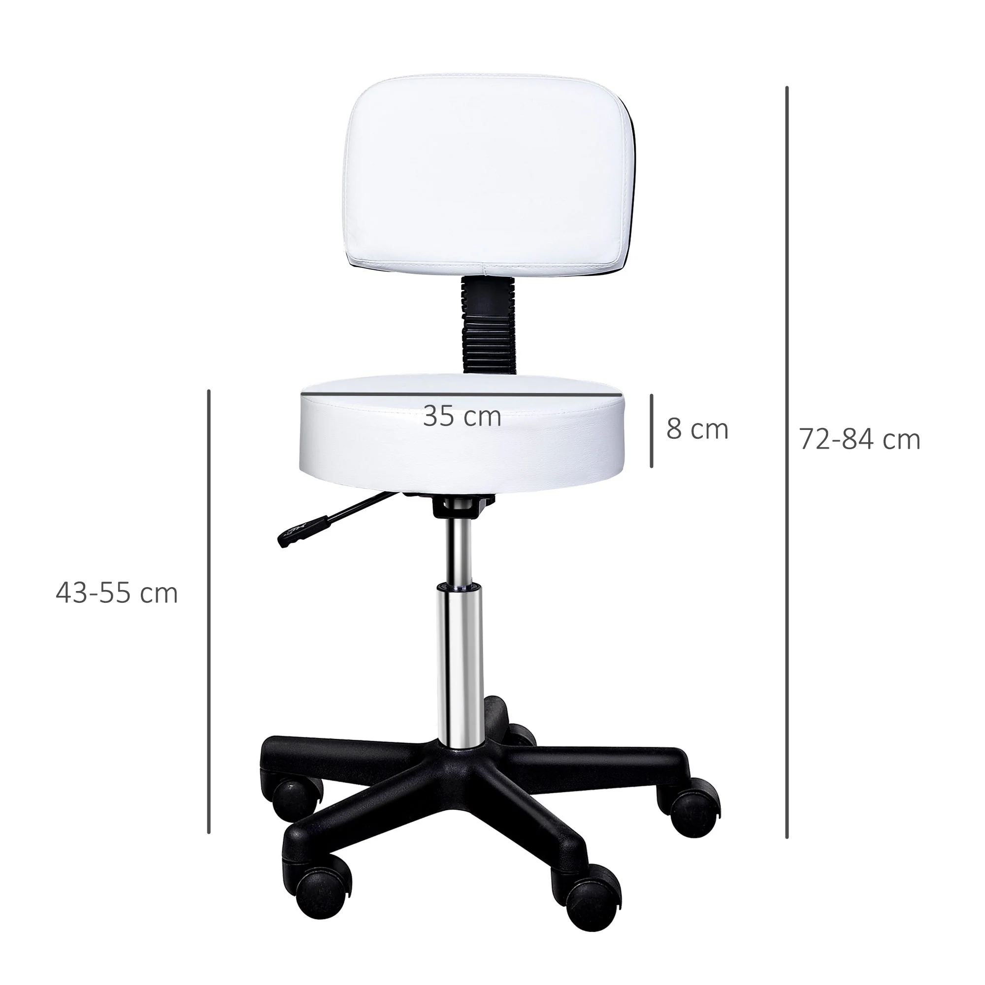 Work Stool, Rolling Swivel, Height Adjustable with Backrest, White - Image 3