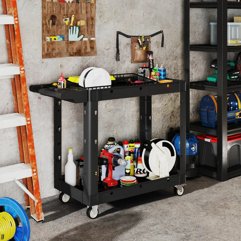 Workshop trolley, 2 levels, side handle, hook holes, 227 kg load capacity, black - Image 2