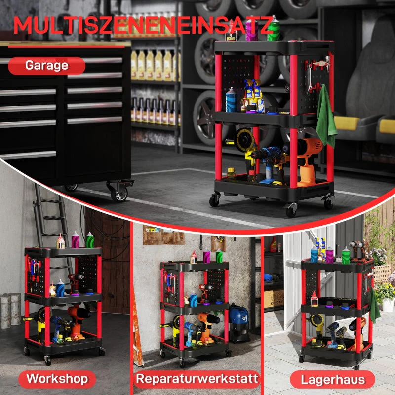 Workshop trolley 3 levels, side perforated shelves, 10 hooks, 91 kg load capacity, black - Image 5