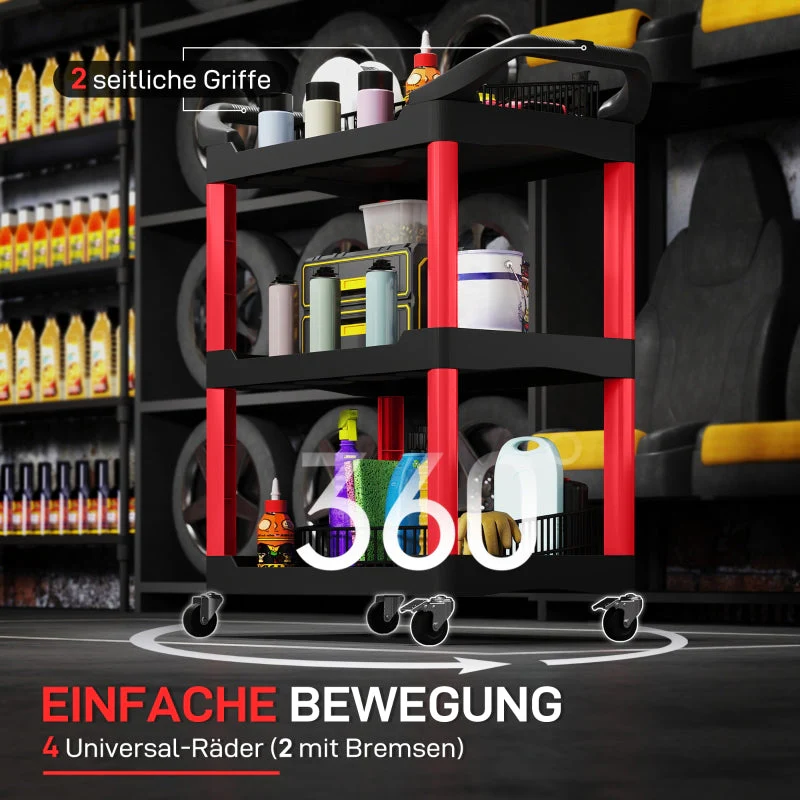 Workshop trolley 3 levels, tool trolley with handle, 91 kg load capacity, red + black - Image 5
