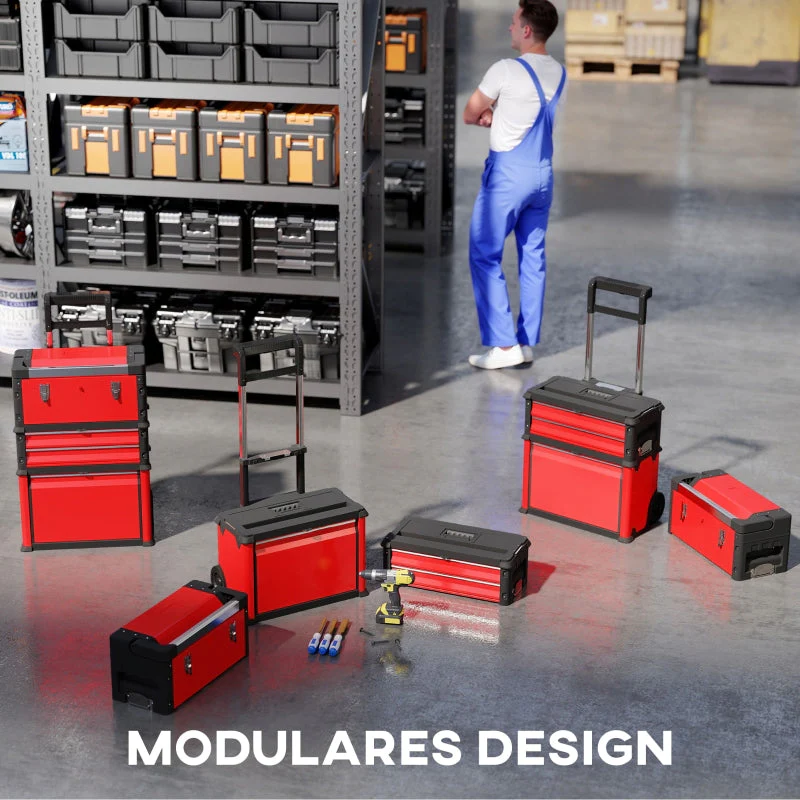 Workshop trolley, 3 modular units, rolling, steel, red - Image 4