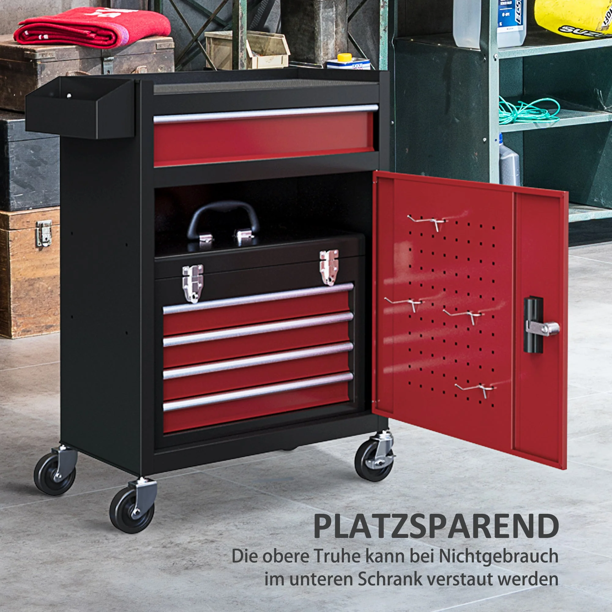 Workshop trolley, 5 drawers, lockable mobile, 130 kg load, steel black and red - Image 5
