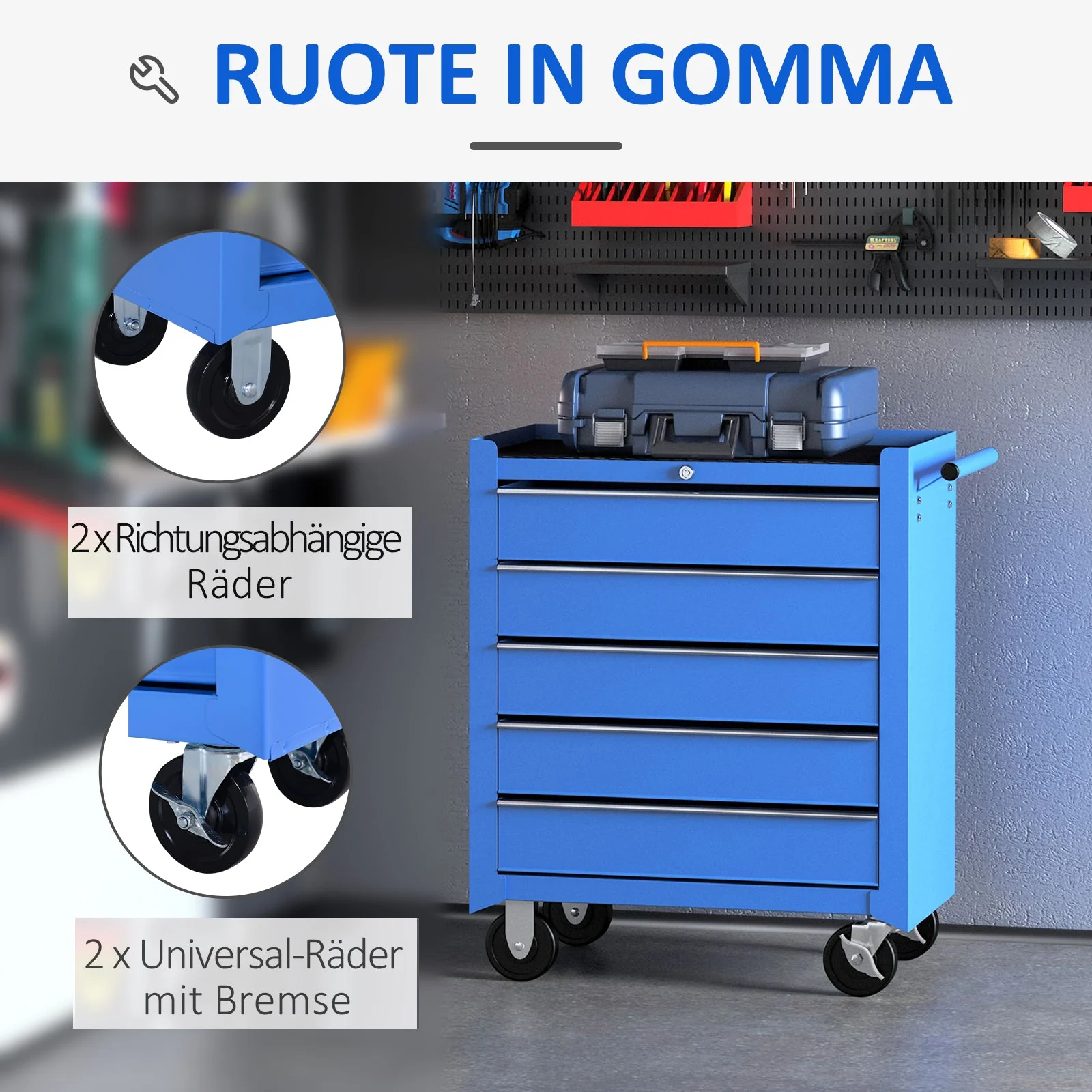 Workshop trolley 5 drawers, mobile tool trolley, red - Image 5
