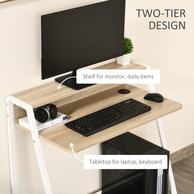 Writing Desk Computer Table Home Office Workstation Storage Shelf White and Oak - Image 4