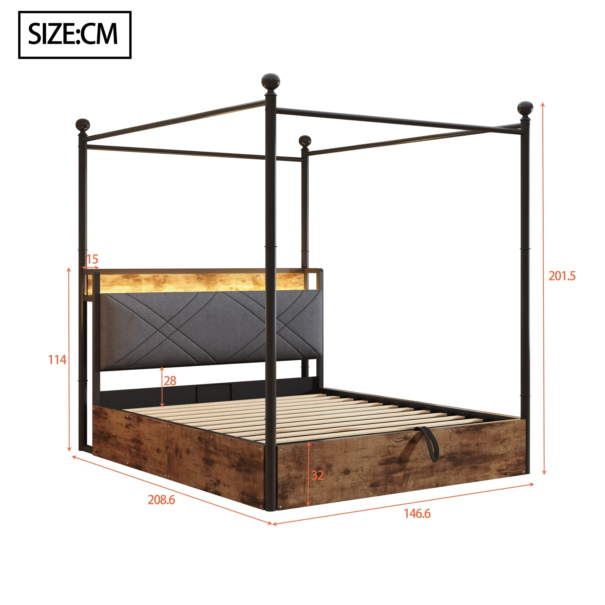 Wrought Iron Double Bed, Hydraulic Storage Canopy LED USB, Black - Image 7