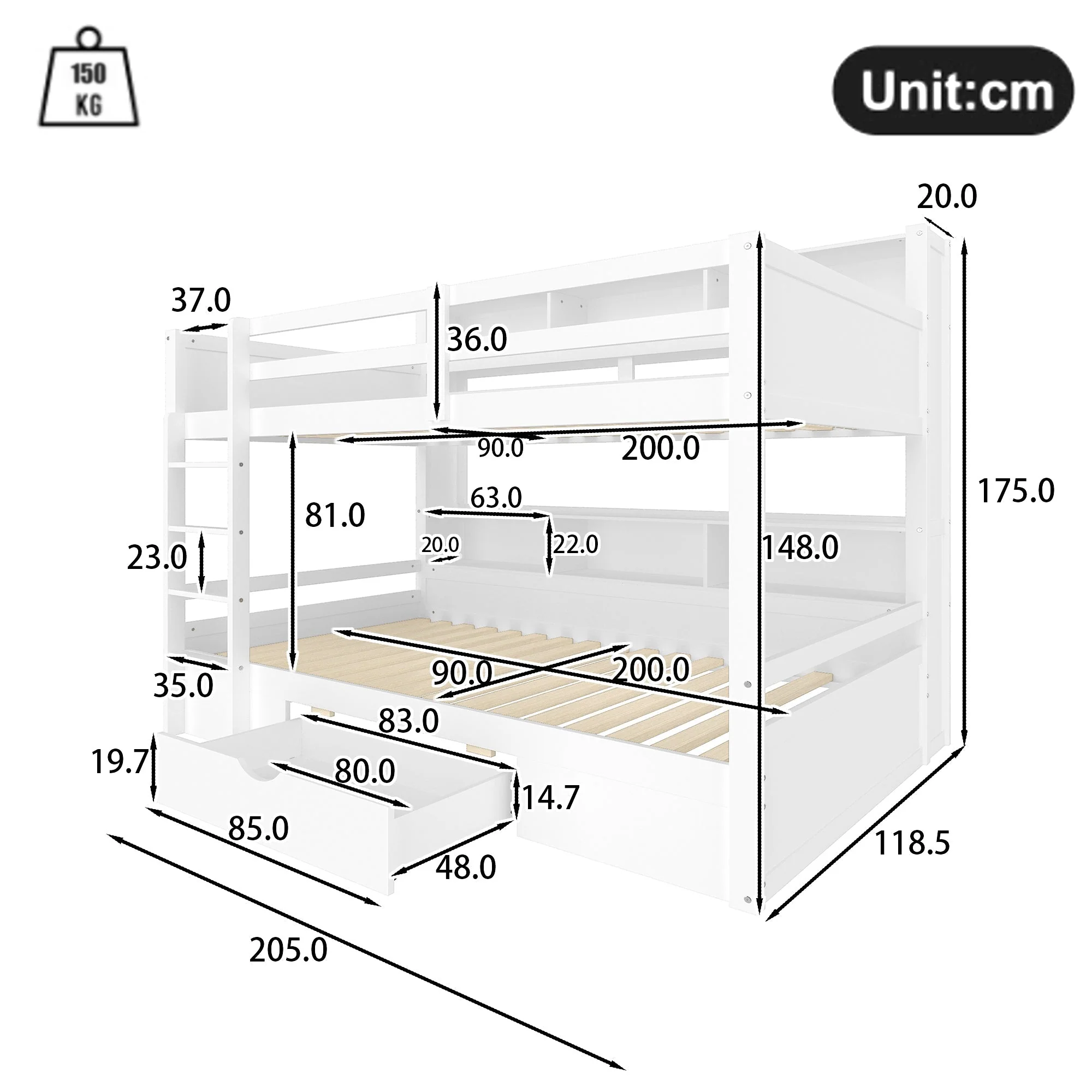 WX000708AAK Bunk Bed with Drawers and Storage Compartments, 90x200cm, White - Image 6