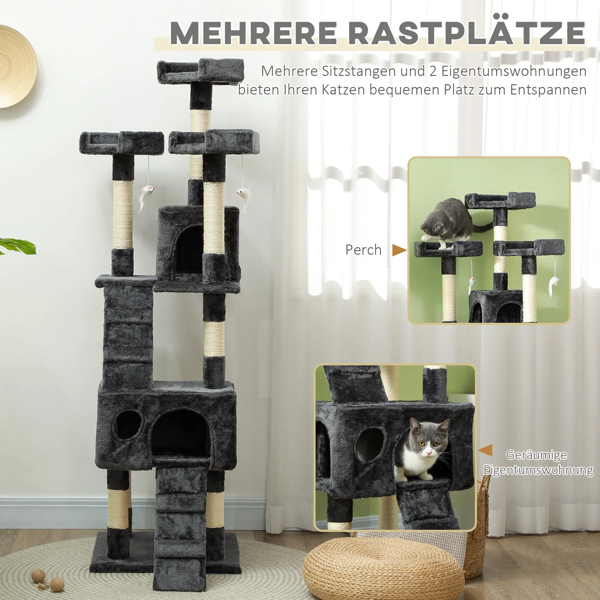 XXL Cat Tree Multi-Level with Cat Cave, Ladder, 50x50x170cm, Grey - Image 6
