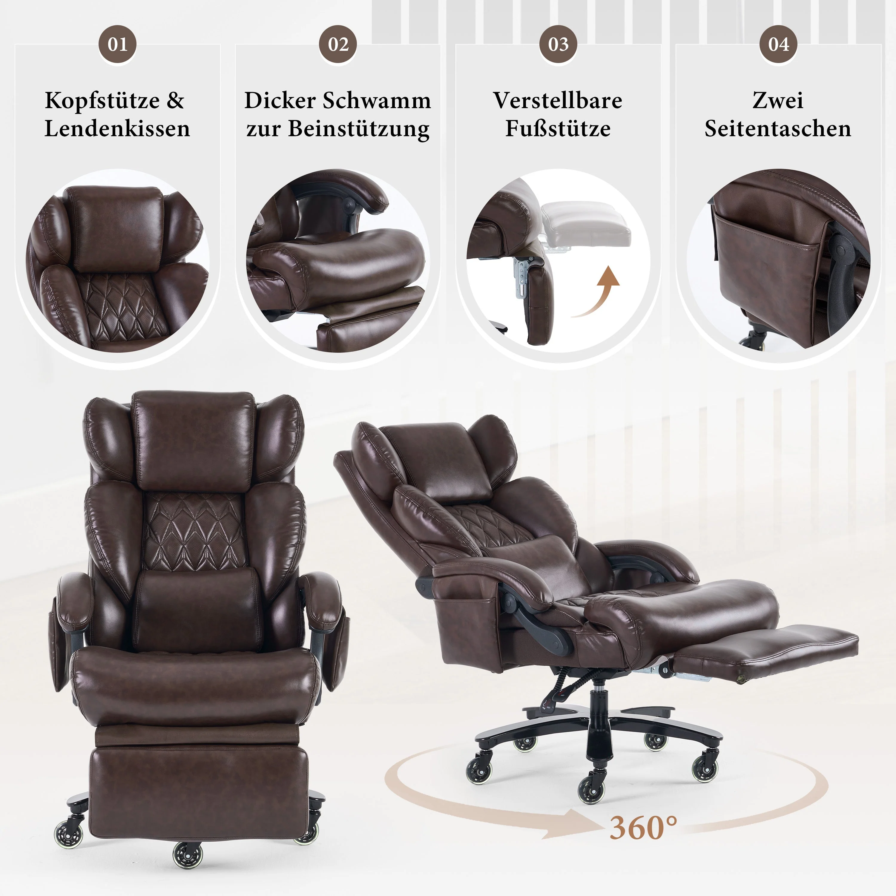 XXL Ergonomic Office Chair with Massage and Heating Function, Footrest and Adjustable Backrest, Brown PU Leather - Image 3