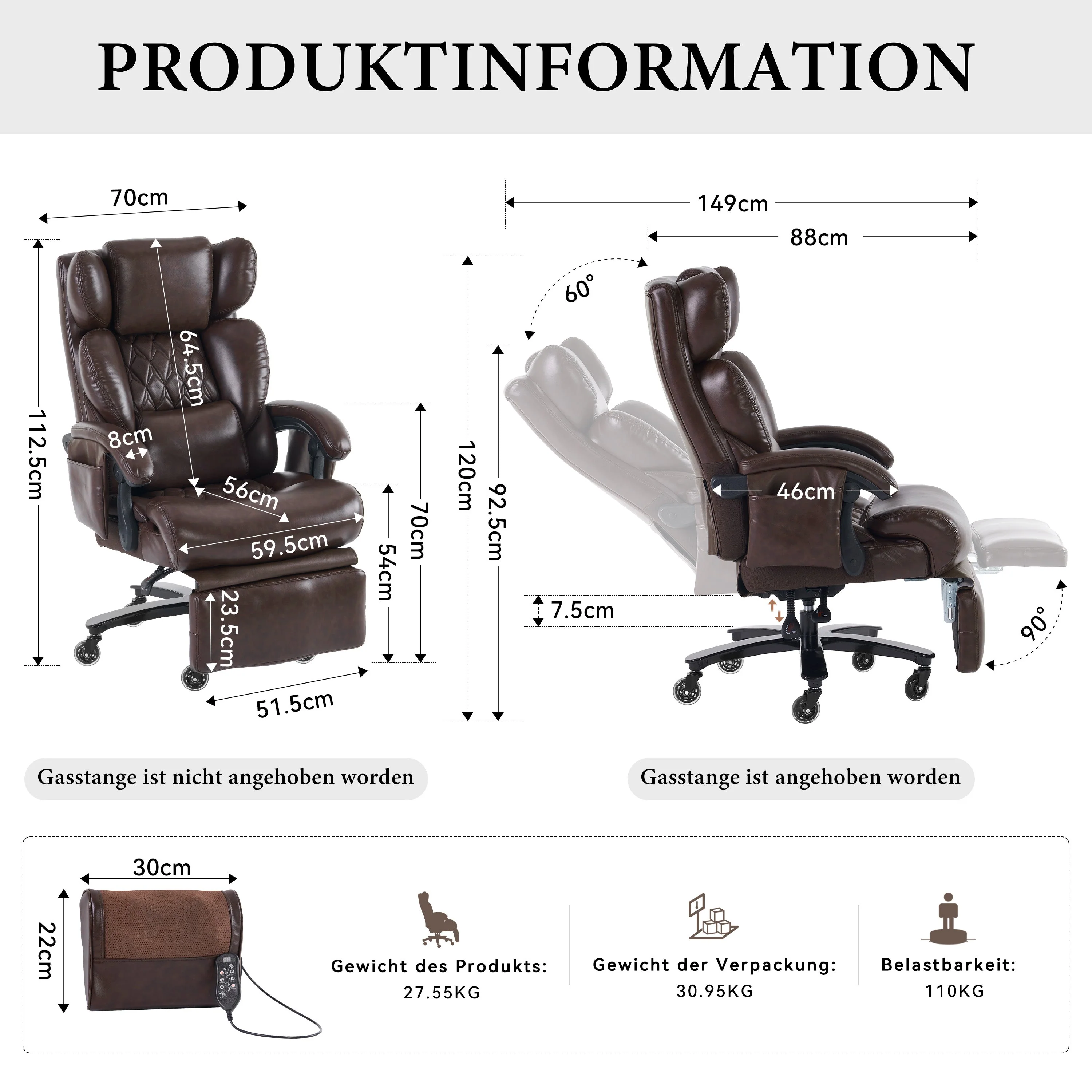 XXL Ergonomic Office Chair with Massage and Heating Function, Footrest and Adjustable Backrest, Brown PU Leather - Image 8