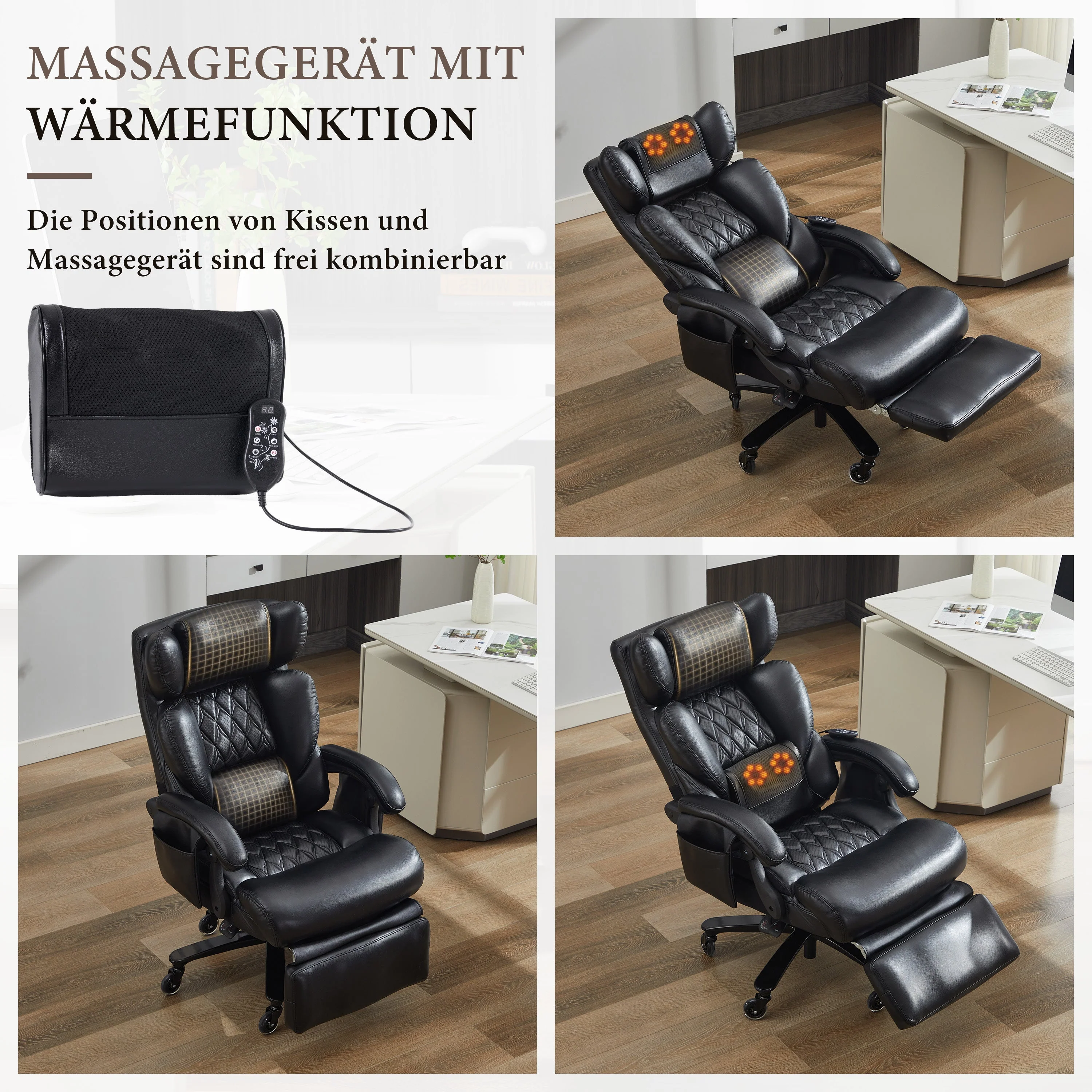 XXL Executive Office Chair - Massage Heat Footrest Adjustable Backrest 150kg - PU Leather Black - Image 2