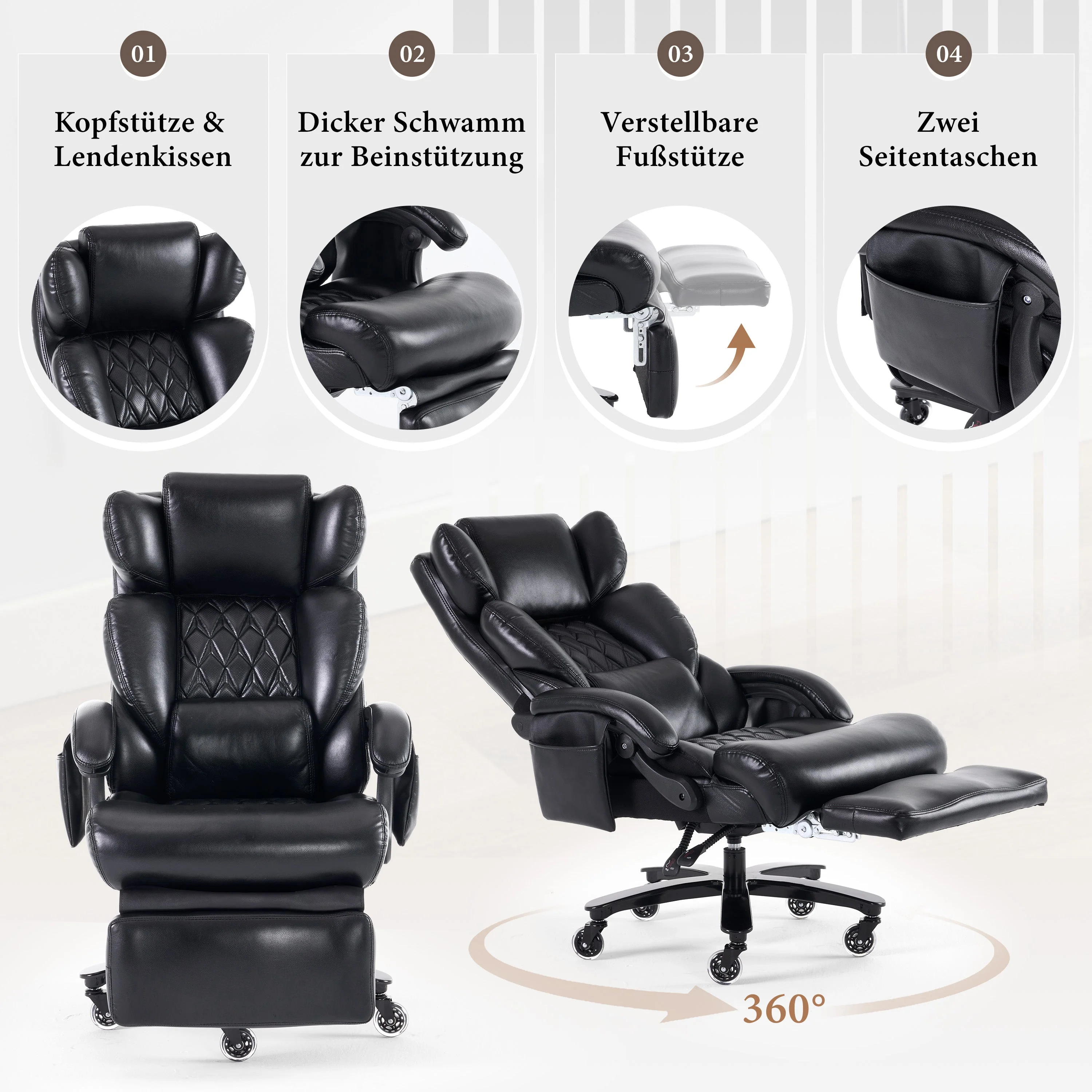 XXL Executive Office Chair - Massage Heat Footrest Adjustable Backrest 150kg - PU Leather Black - Image 3