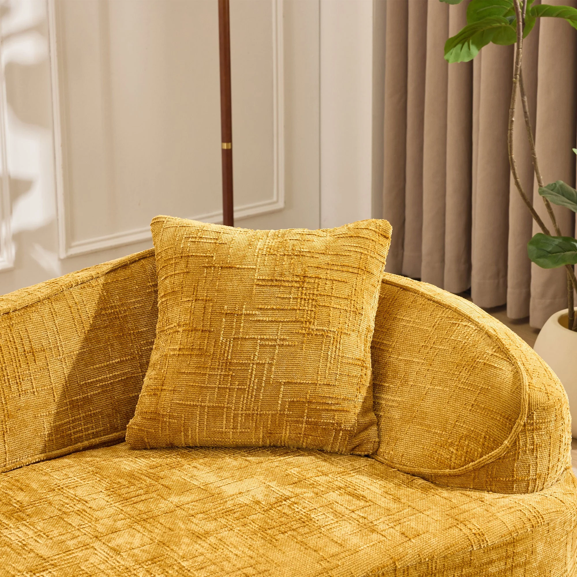 Yellow curved two-seater sofa with armrests and 2 cushions, cream-colored - Image 12