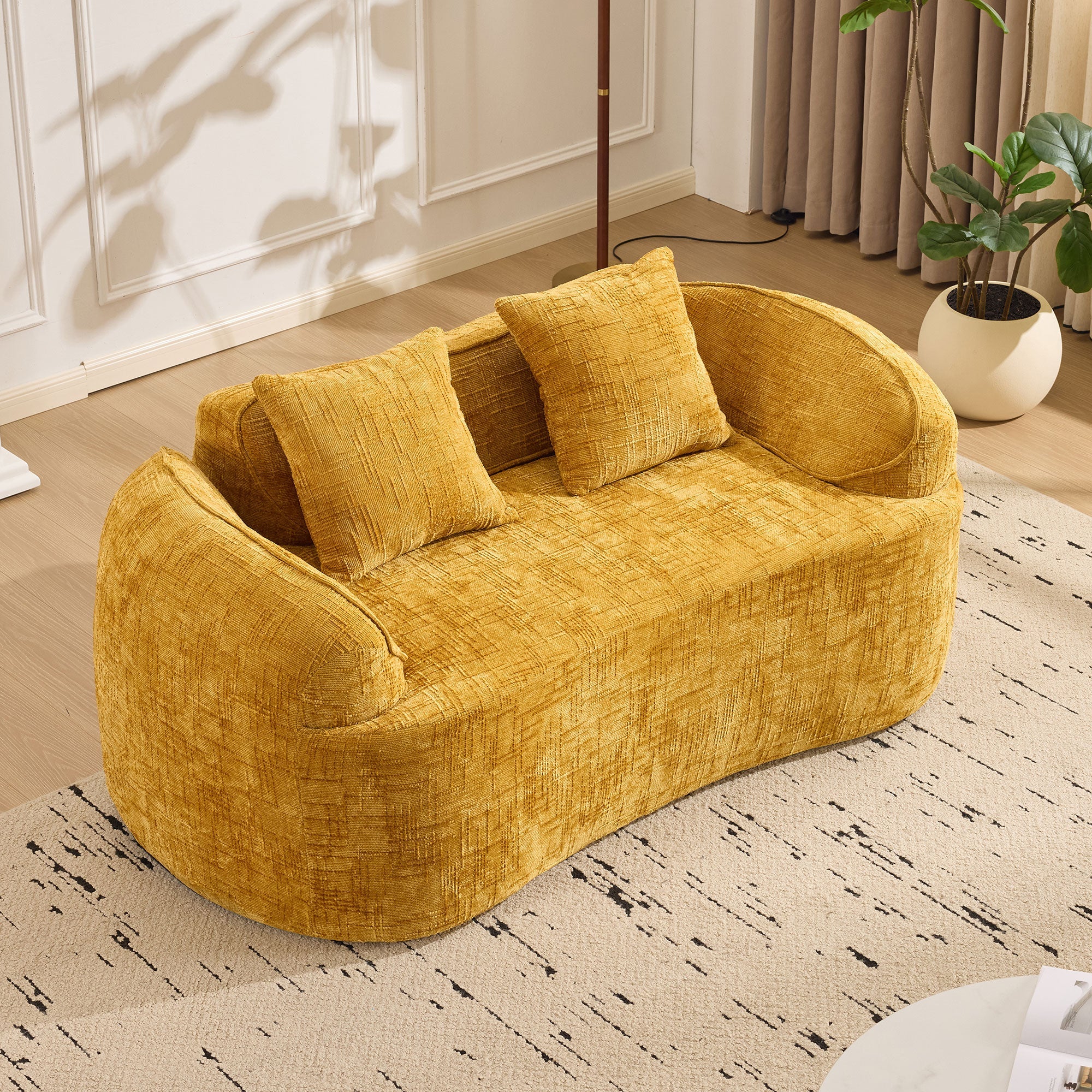 Yellow curved two-seater sofa with armrests and 2 cushions, cream-colored - Image 2