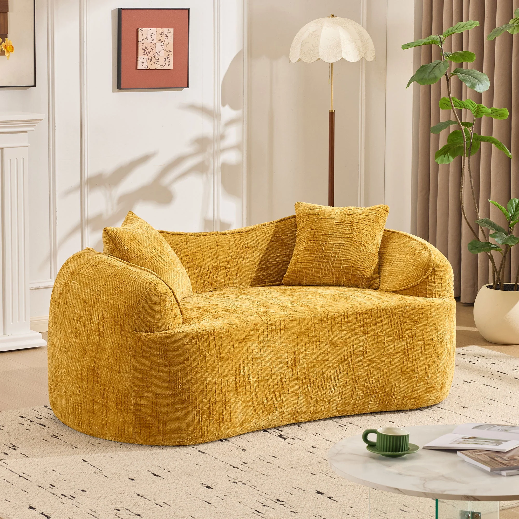 Yellow curved two-seater sofa with armrests and 2 cushions, cream-colored - Image 9