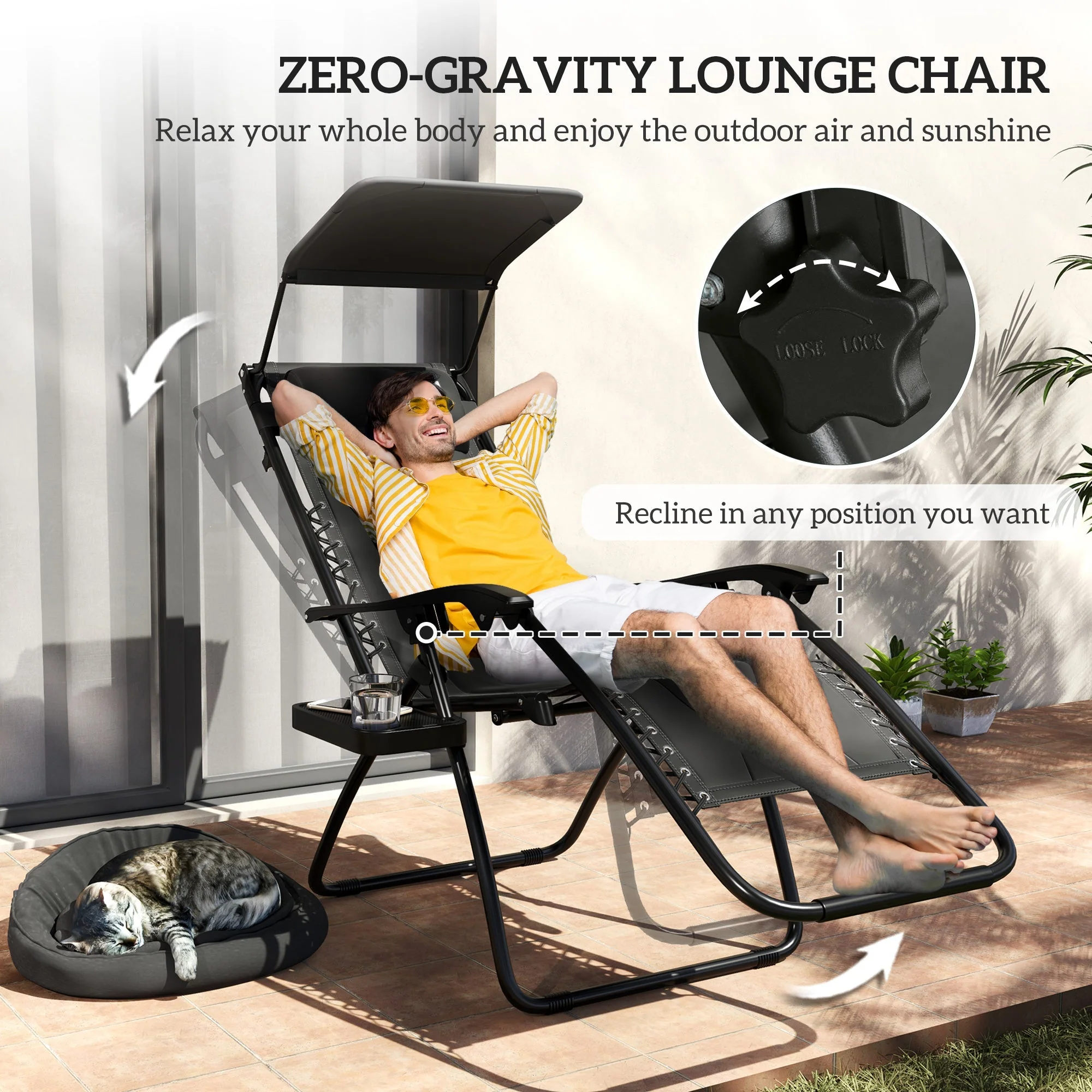 Zero Gravity Lounger Chair Set of 2, Folding Reclining with Shade and Cup Holder, Black - Image 4