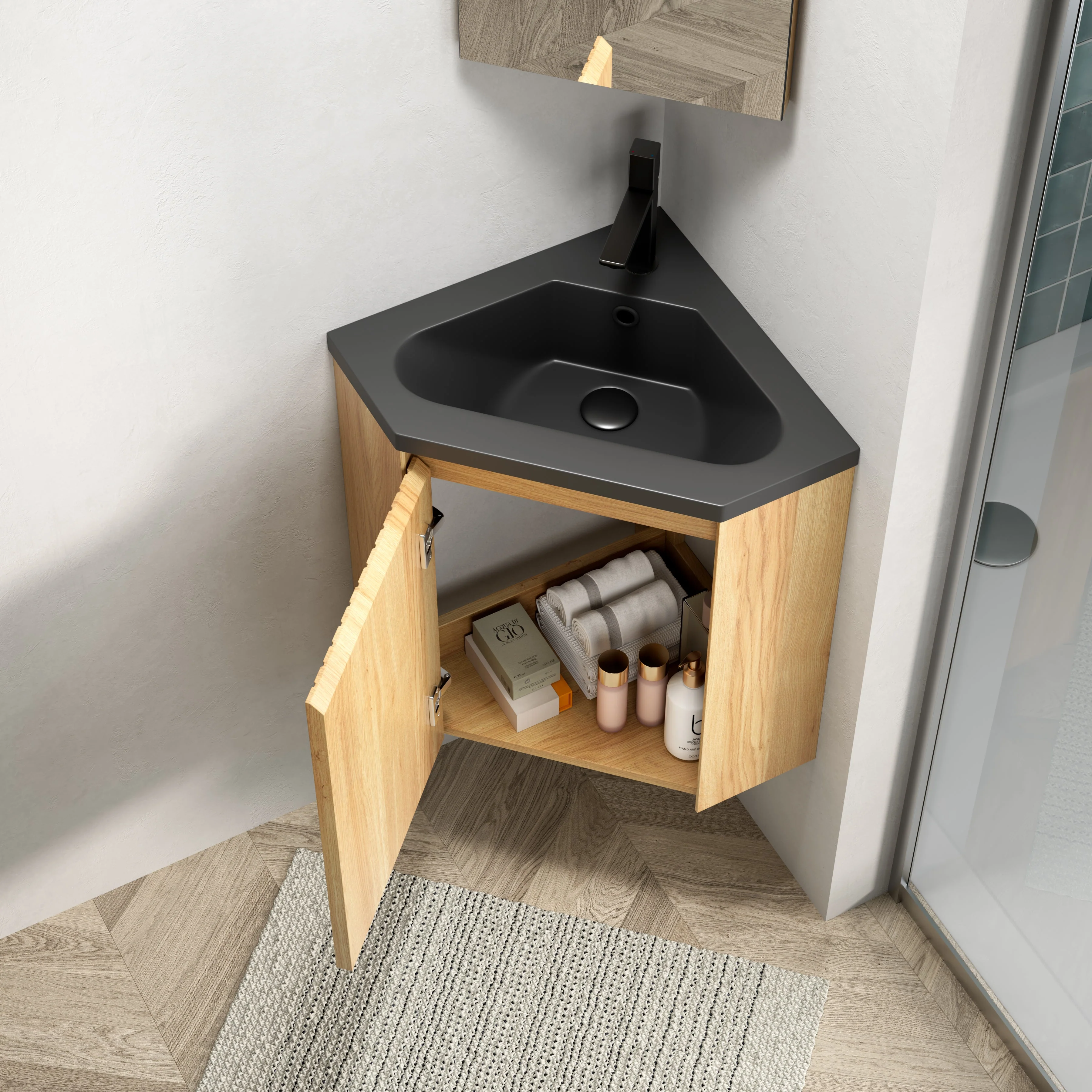 ZURI 38cm Wall Mount Bathroom Vanity Unit with Matt Black Resin Basin, Triangular Plywood Cabinets, Natural Wood - Image 2